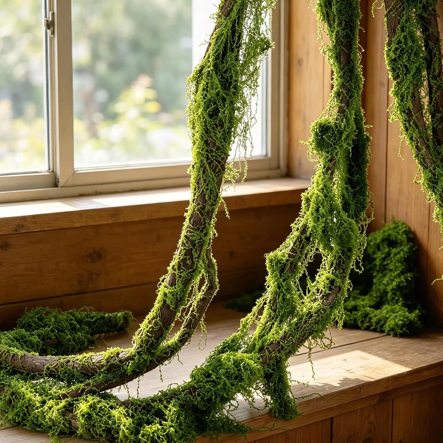 2 Pcs 197in Bendable Artificial Tree Branches with Moss| Fake Jungle Vines Decor, 7oz Artificial Moss, Enchanted Forest Wedding Party Home Photo Backdrop, Reptile Habitat