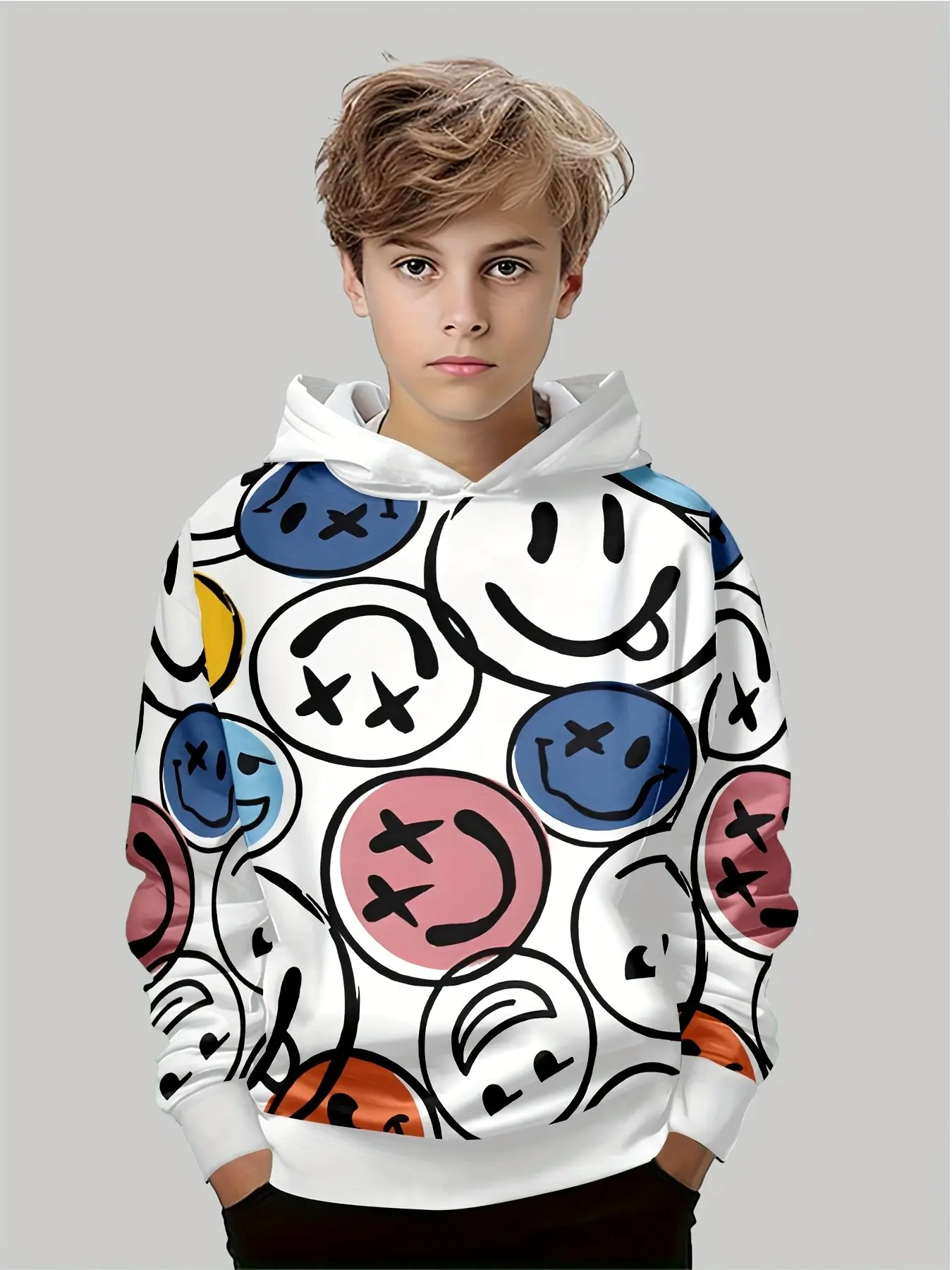 Trendy Graffiti Smiley Hoodie with Hood for Boys, Loose Fit Casual Sweatshirt, Long Sleeve Graphic Print, Fall & Winter Fashion Top