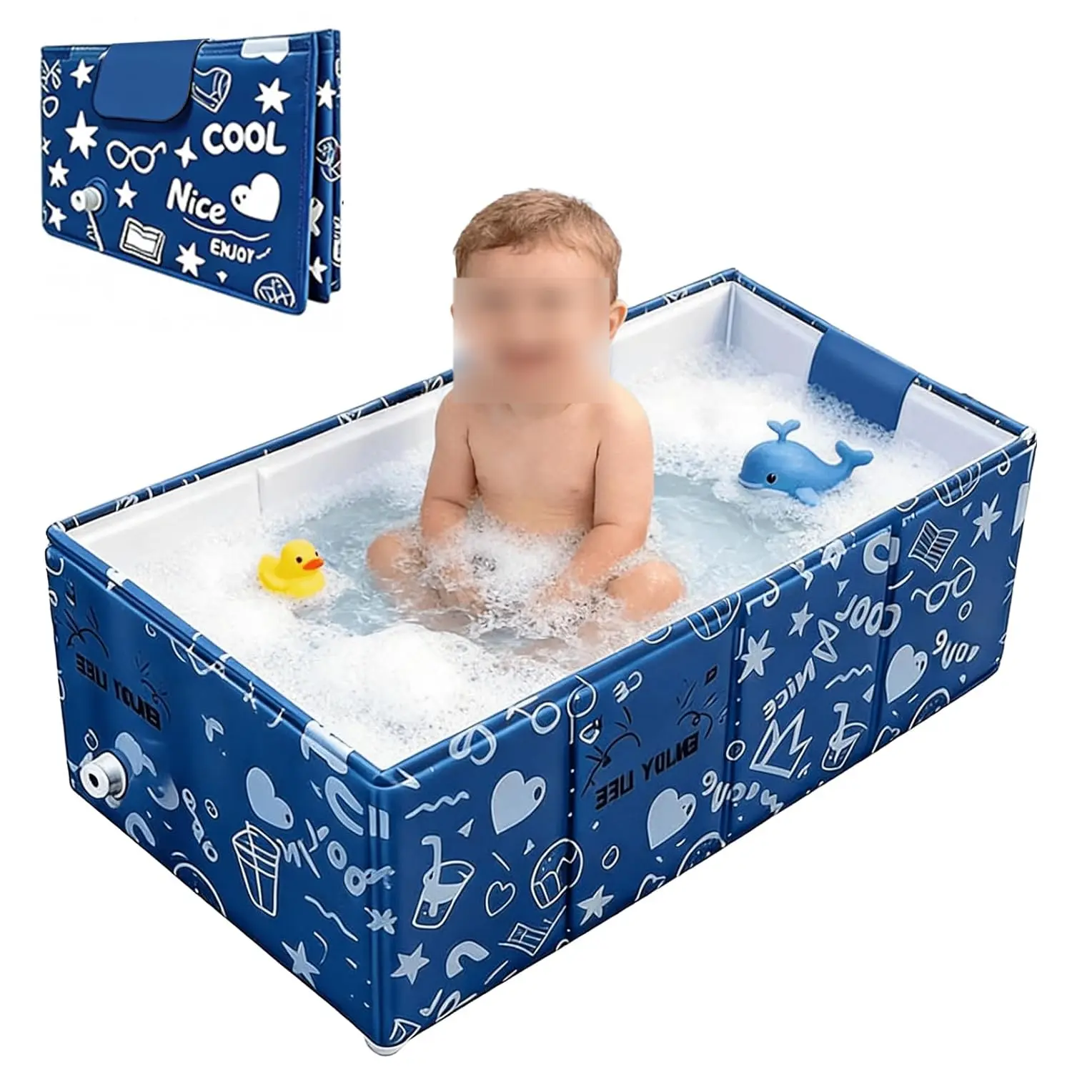 Baby bathtub, foldable toddler bathtub, with padded bottom drain plug, portable foldable baby bathtub, suitable for travel, shower, sink, indoor and outdoor use