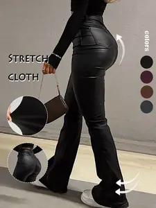 GILIPUR Y2K High Waist PU Flare Leg Pants Casual Comfy Plain Button Pocket Trousers Women's Ladies Bottoms For All Seasons Fall & Winter Clothes Stretchy PU Leather Flared Leg Pants Coated Flared Pants,Kardashian Style,Tchic