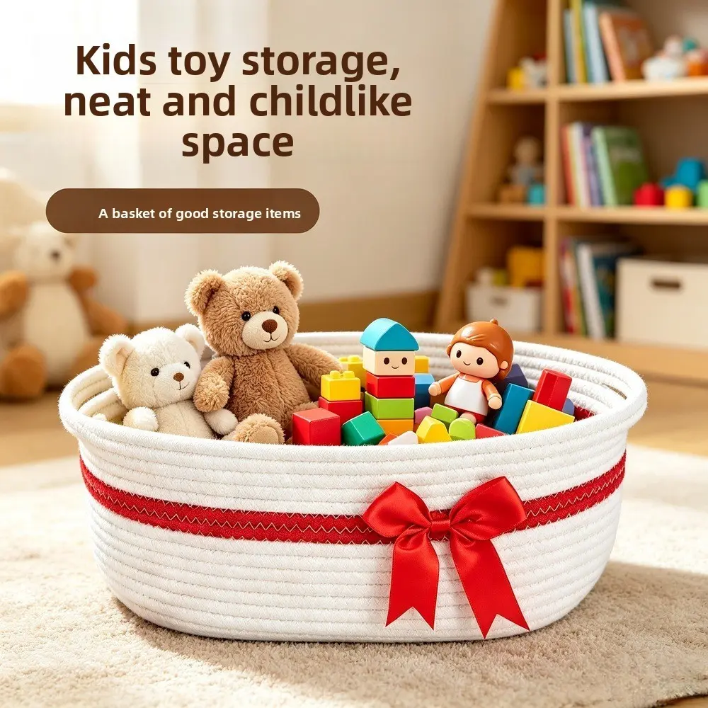 1-Pack Boho Woven Storage Basket with Bow Tie, Handmade Cotton Rope Organizer Bin with Handles, Large Capacity Decorative Basket for Toy Storage, Gift Wrapping, Snack & Book Organizing, Perfect for Shelves, Closet, Nursery, Bedroom & Living Room