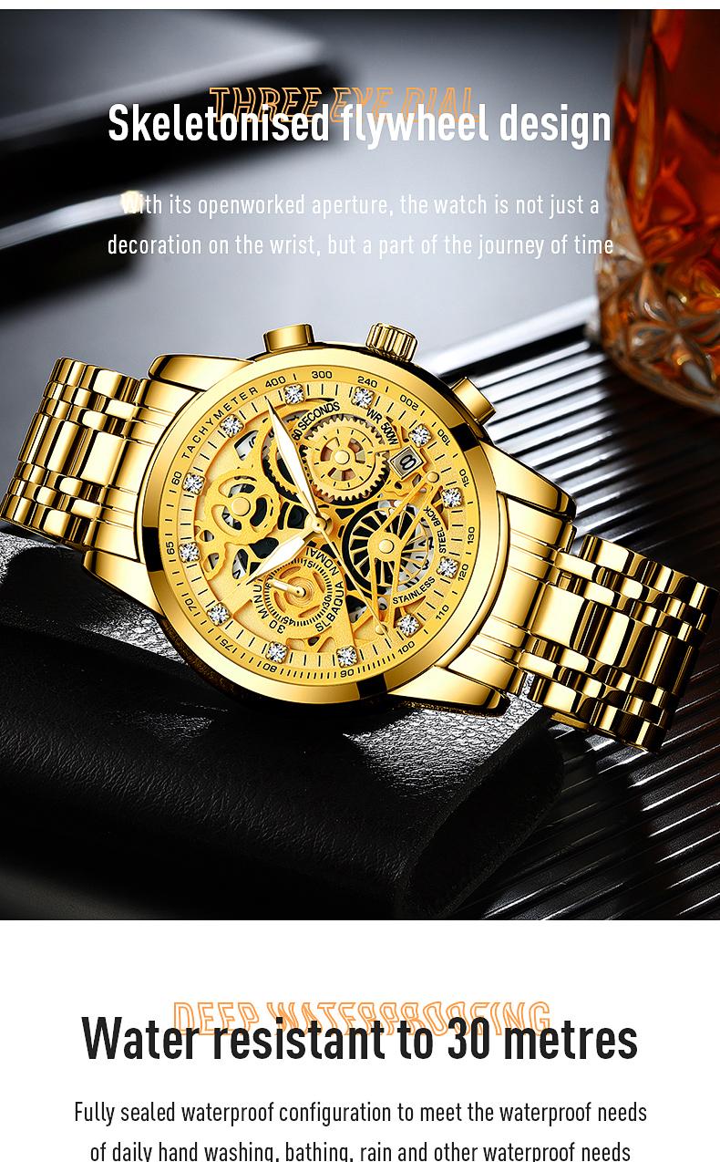 Men's Luxury Gold Skeleton Quartz Watch - Fully Iced Out Diamond Encrusted Wristwatch with Chronograph Tachymeter, Date Display, Stainless Steel Band, Perfect Gift for Him