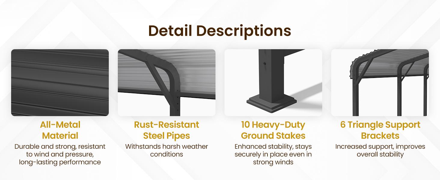 RoyalCraft 20x20 FT Metal Carport, Heavy Duty Canopy with Updated Roof & Enhanced Base, Multi-Use Carport Garage for Car, Truck, Boat, Tractors, Party