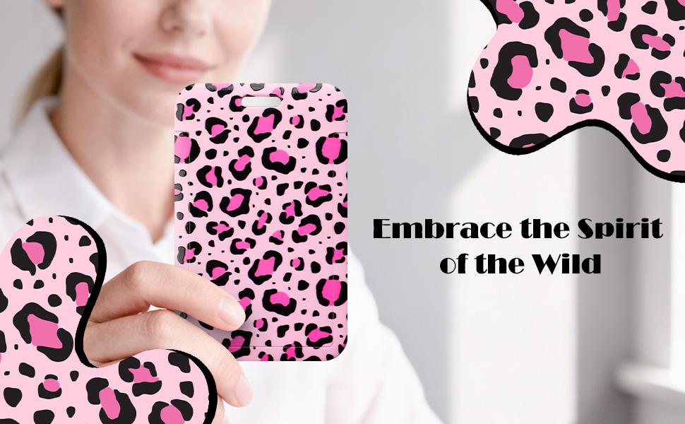 Fashionable Sliding Badge Holder Pink Leopard Print Plastic Card Holder with Retractable Badge Reel Carabiner & Detachable Lanyard Vertical Card Protector for Office Worker Teacher Student