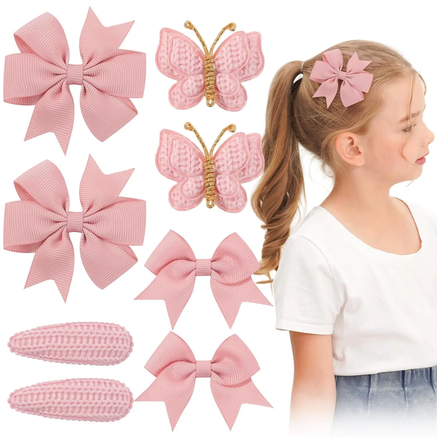 8pcs Pink Baby Girl Hair Bow Clips Set Small Knitted Butterfly Toddler Hair Clips Boutique Grosgrain Ribbon Bow Hair Barrettes Accessories for Infant Toddler Kids
