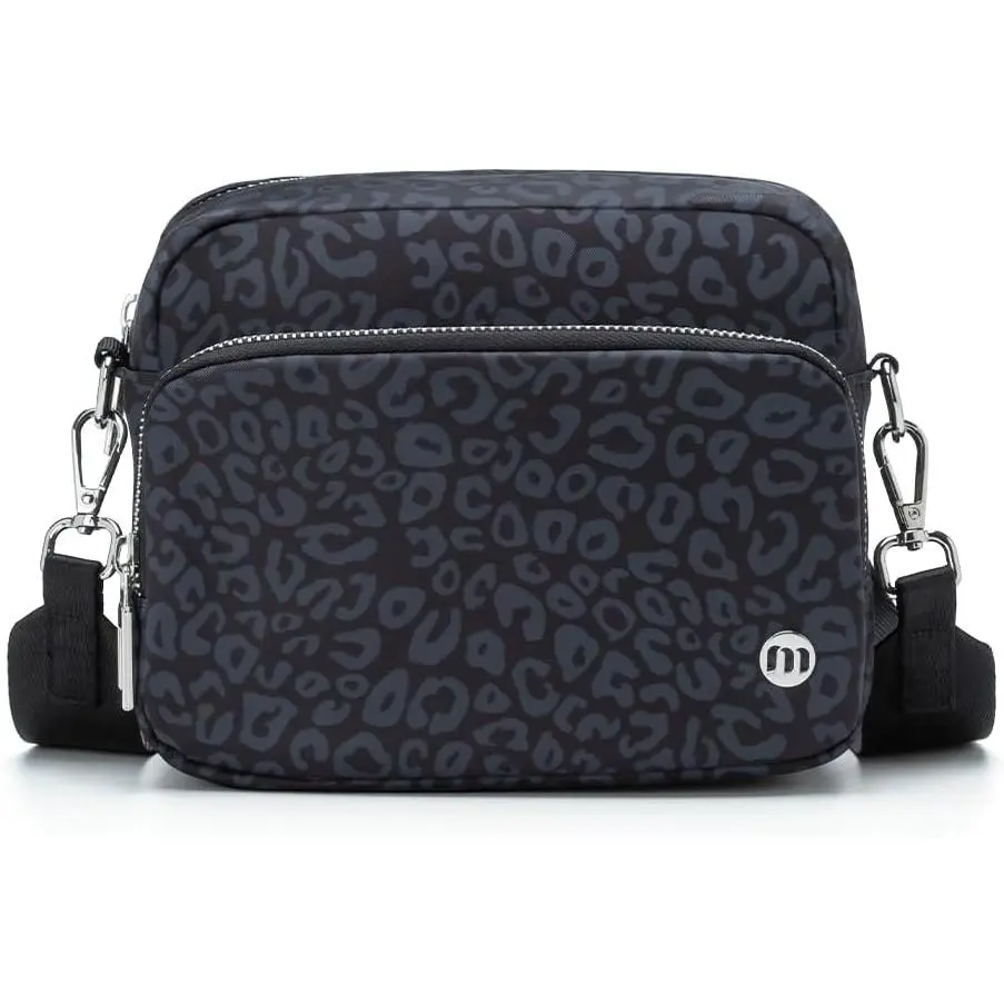 Sporty Chic Crossbody Bag for Women, Lightweight Water-Resistant Nylon Mini Purse with Adjustable Strap, Leopard Print for Travel & Daily Use, Black Leopard, Casual, Durable, Expandable, Hiking, Manufacturer Warrenty, Modern, Rust-Proof Metal Fittings