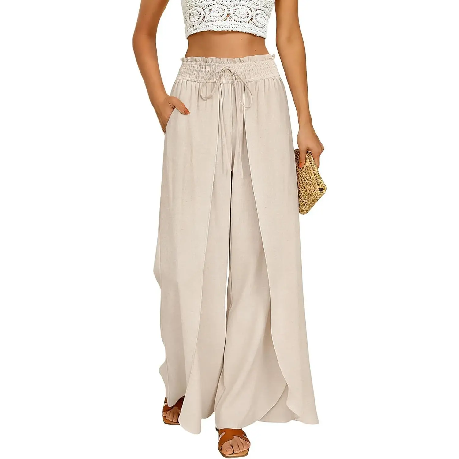 Womens Wide Leg Summer Pants Flowy Side Split Palazzo Beach Pants Boho Drawstring High Waisted Trousers