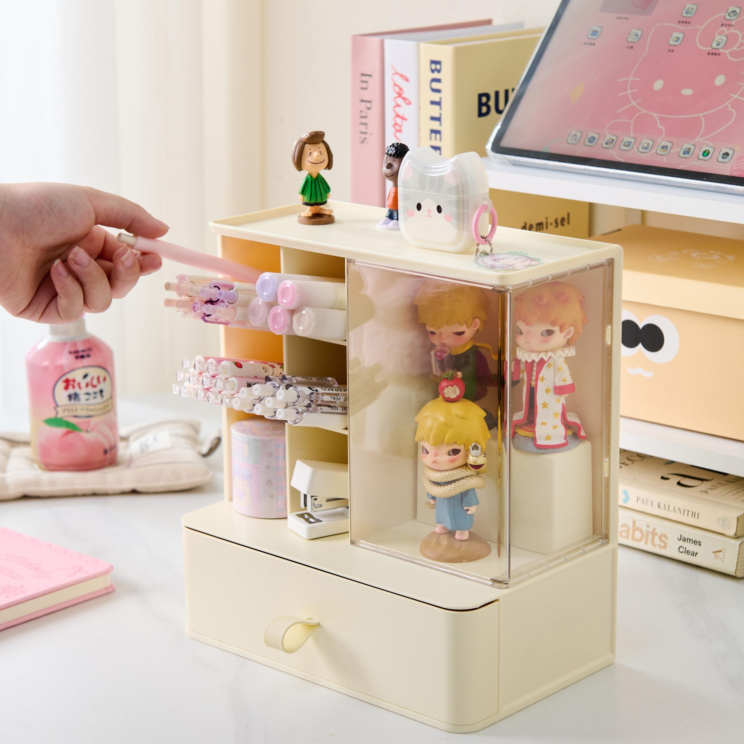 Desktop Stationery Tool Storage Box, Figure Display Case, Multi-Layer Pen Holder, Designed for Toy Collectors & Figurine Enthusiasts