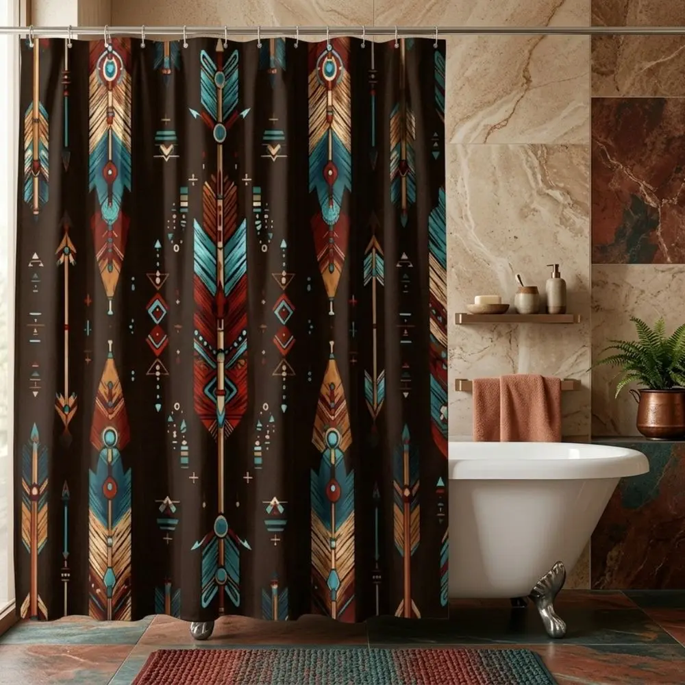Boho Tribal Arrow Printed Shower Curtain with Geometric Feather Motifs, Rust Orange Teal Cream Black Decorative Bathroom Drape for Autumn Harvest & Thanksgiving Home Accent, Symmetrical Art Print Fabric Drapes, Bathroom Curtains Shower