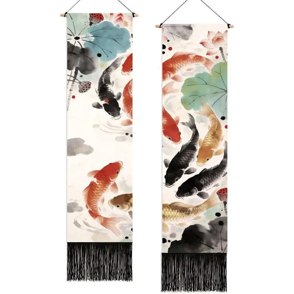 COMBLOOM 2 Pack Long Vertical Wall Tapestry, Boho Nature Landscape & Floral Aesthetic Wall Hanging for Bedroom Living Room Home Decor, Long Narrow Art Tapestry with Sunrise Mountain Botanical Designs, 13" * 51" Fish