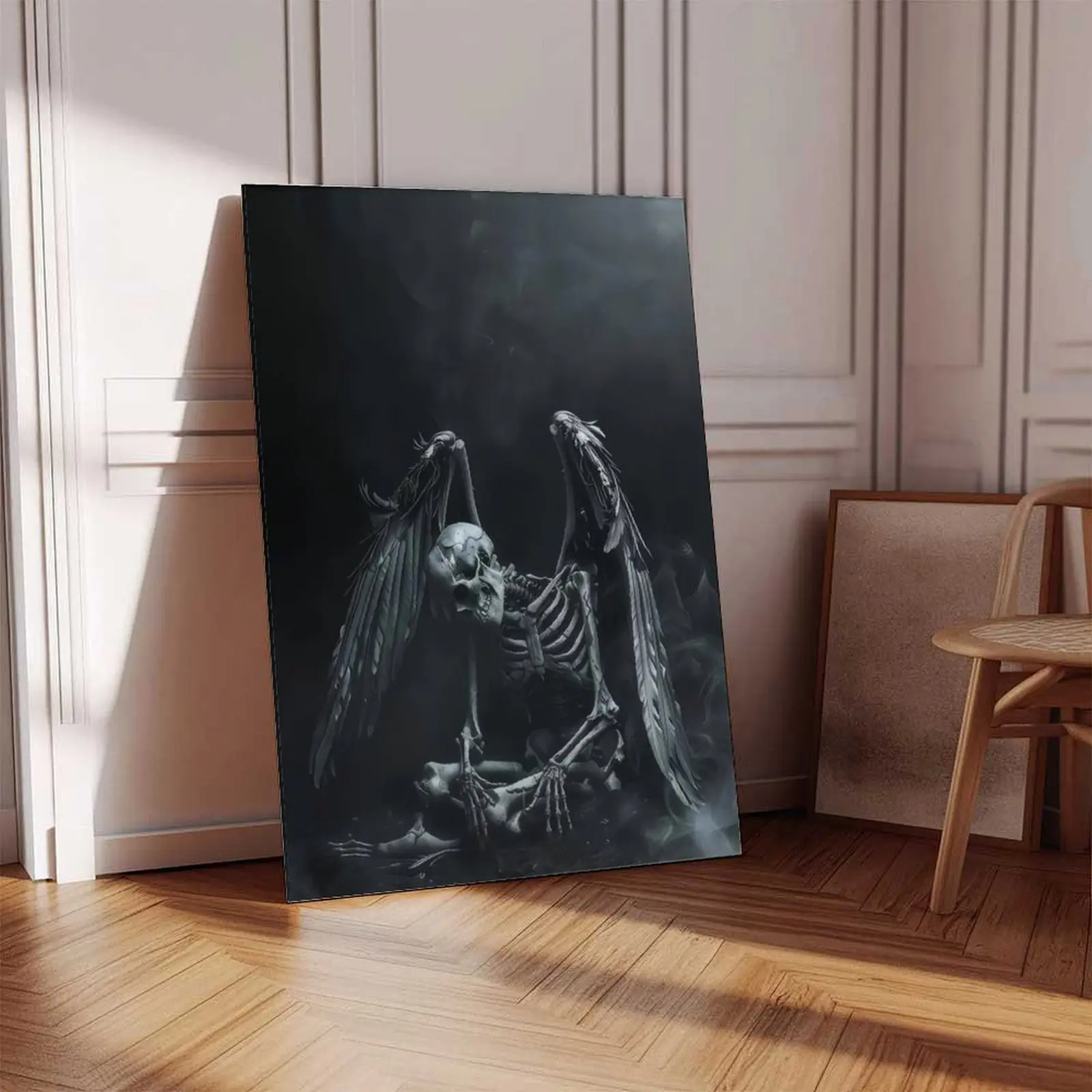 1-Piece Pine Wood Framed Artistic Gothic Dark Theme Skeleton Oil Painting Print, Wall Art, Modern Wall Decor for Living Room, Bedroom Home Supplies, Canvas Wall Art Print, Gothic Skeleton Poster for Bedroom Office Dorm Man Cave, Halloween Gift