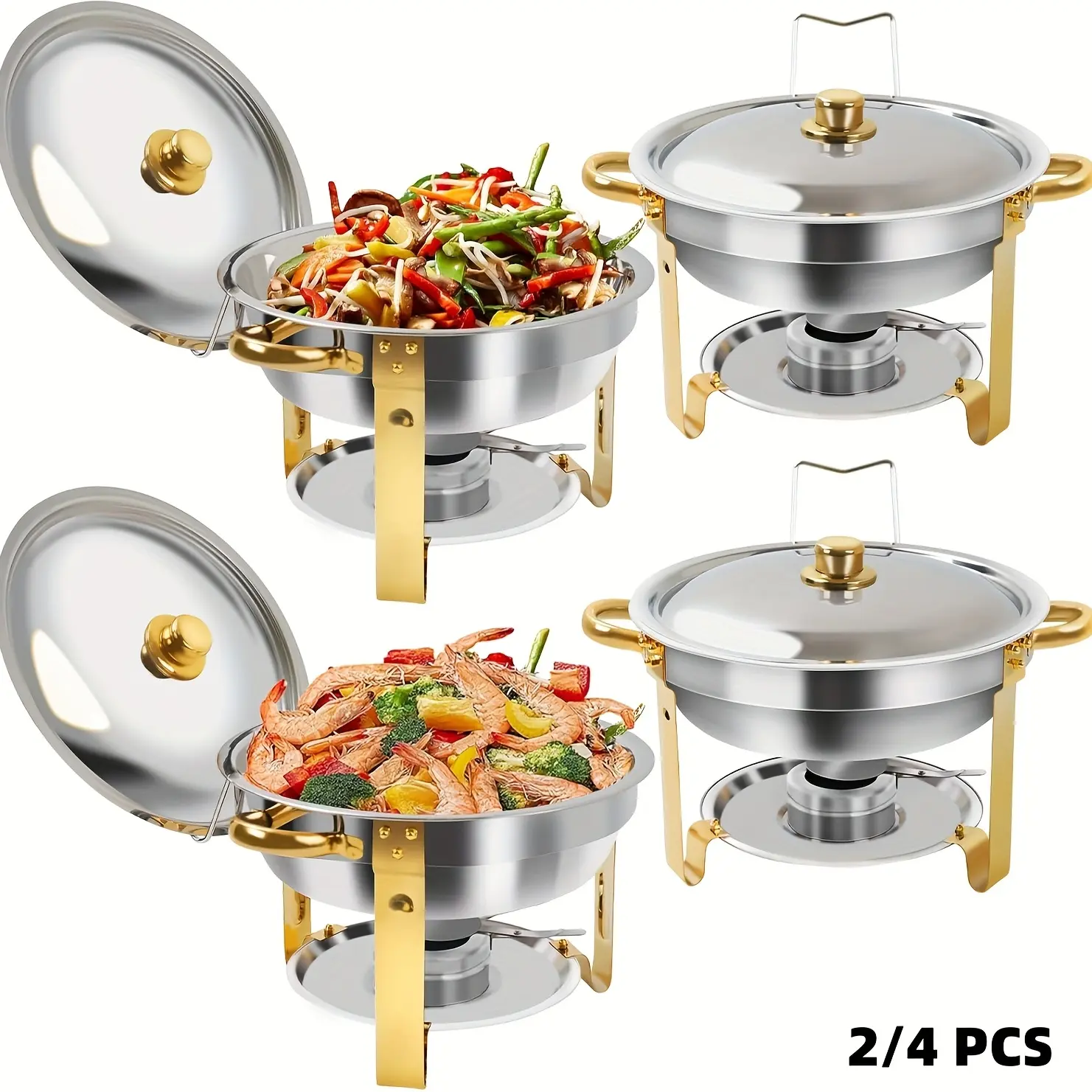 Chafing Dishes for Buffet, 5QT Round Chafing Dish Buffet Set for Parties, Gold Stainless Steel Buffet Servers and Warmers with 1 Serving Tong, Food Warmers for Gatherings