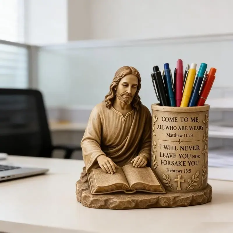 Jesus Pen Holder, Vintage Resin Statue with Bible Verse, Office Desk Decor, Elegant Desktop Accessory, Prayer Table Ornament, Church Gift, Desk Accessories