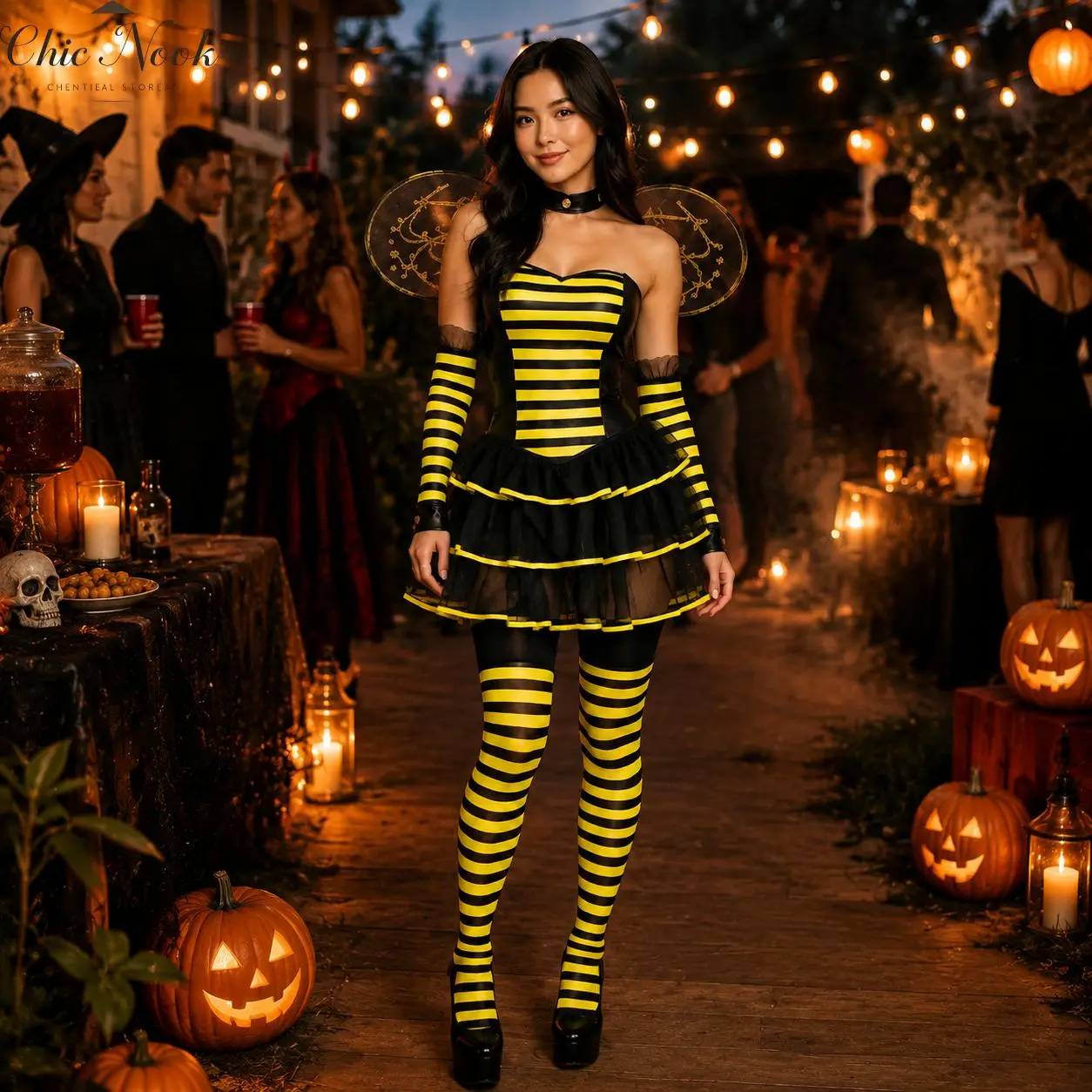 Women Bee Halloween Costumes with Wings Headband Leg Sleeves for Party Dress Up Funny Animal Costume Bumble Bee