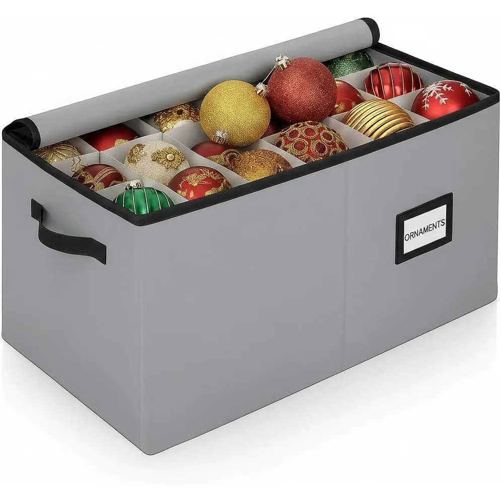 Christmas Ornament  Container with Dividers - Box Stores Up to 54 Ornaments, Zippered, Convenient, Adjustable, Large Organizer Bin to Protect Holiday Decor, Fits  Standard Size, Grey