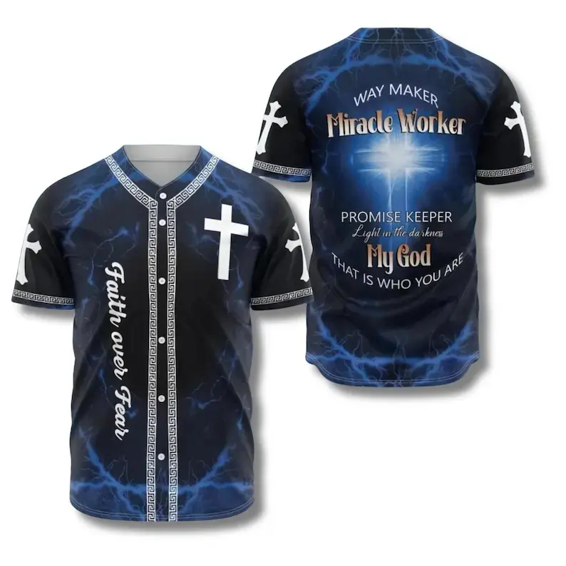 Jesus Faith Over Fear Baseball Jersey Shirt 3D Printed Christian Cross Design