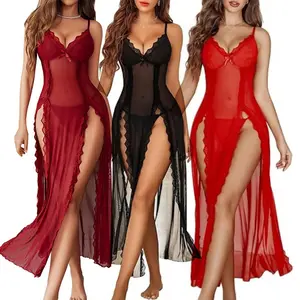 Women Lace Lingerie Mesh Nightdress V Neck Nightwear Side Split Nightgown