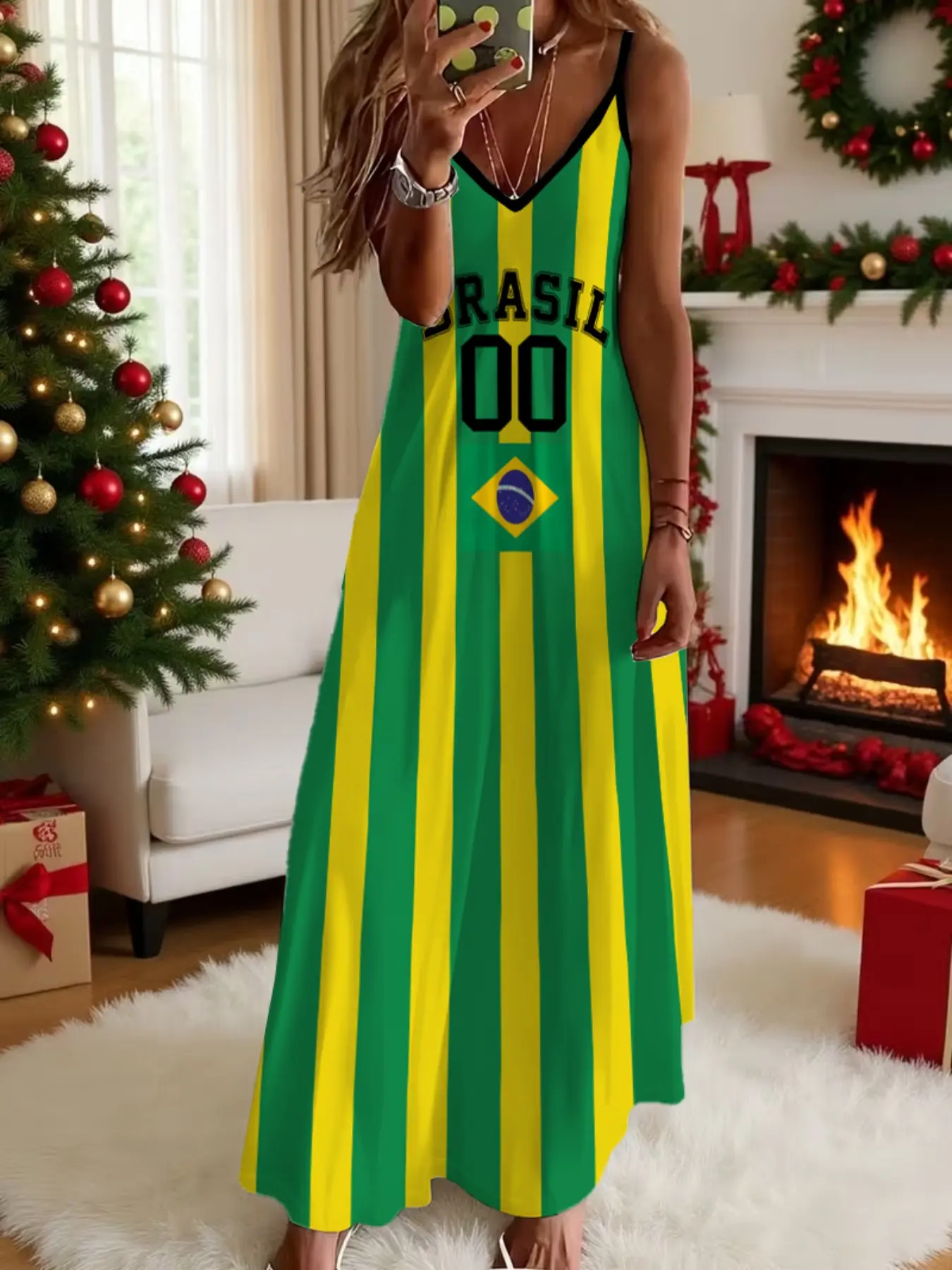 Brazil Flag Vertical Stripes Print Soccer Dress, V Neck Sleeveless Maxi Dress, Summer Beach Vacation Dress, Casual Sports Fan