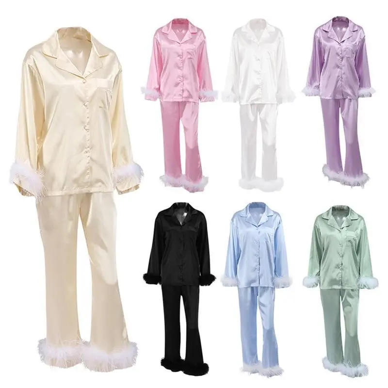 Women Sleepwear Feather Trim Button Down Lapel Long Sleeve Shirts and Pants Sets Ladies Pajamas Sets Elegant Chic Loungewear��gift�� Womenswear Check