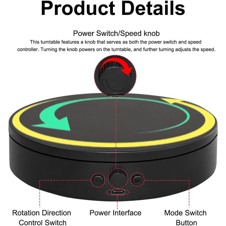 Rotating Display Stand with Type-C Power , Motorized Turntable Adjustable Speed and Direction for Photography, spinning Platform for Product  and Displaying (black, 4.53'')
