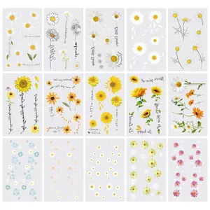 15 Sheets Temporary Tattoo Stickers For Women Yellow White Daisy Flower Words Suit for Wrist Hand Neck