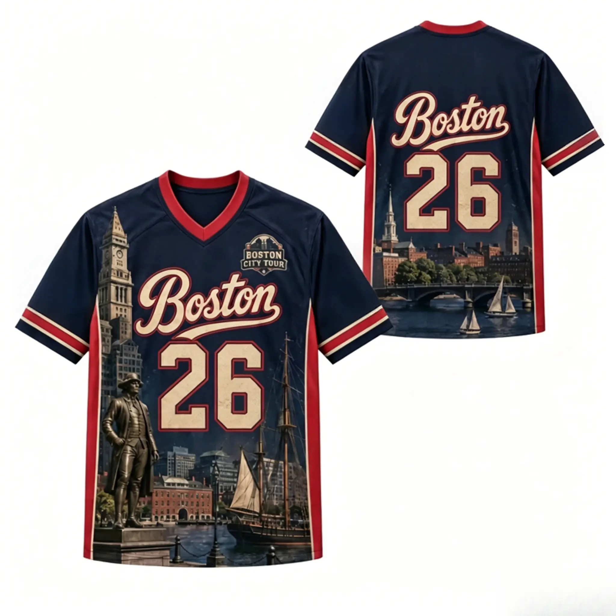 Boston V-Neck Short Sleeve Football T-Shirt - Sporty Chic Vintage Athletic Top with Boston City Sight Graphic, Casual Massachusetts Retro Outfit for Game Day, Gift#TikTokMadeMeBuyIt#VNeckCityFootballTee#CityLandscapePrint#GameDayDailyOutfit