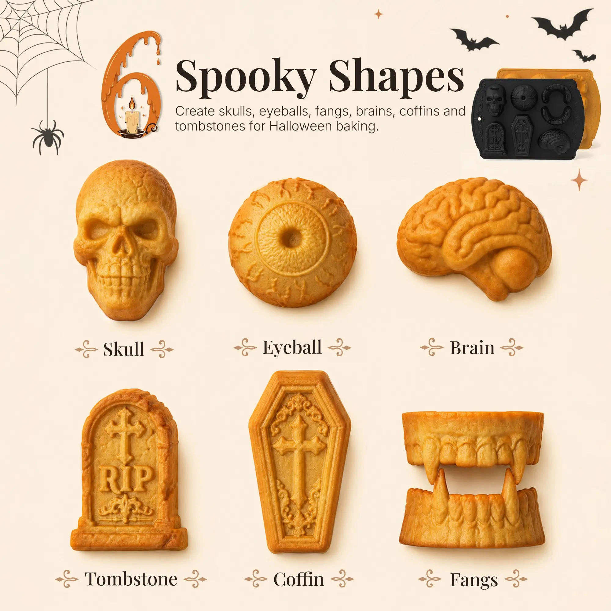 Halloween Cake Mold, Skull Eye Brain Tombstone Coffin Fangs Horror Spooky Design, 6-Piece Silicone Candy Molds, Silicone Molds For Chocolate, Jelly Baking Mold, DIY Resin Mold