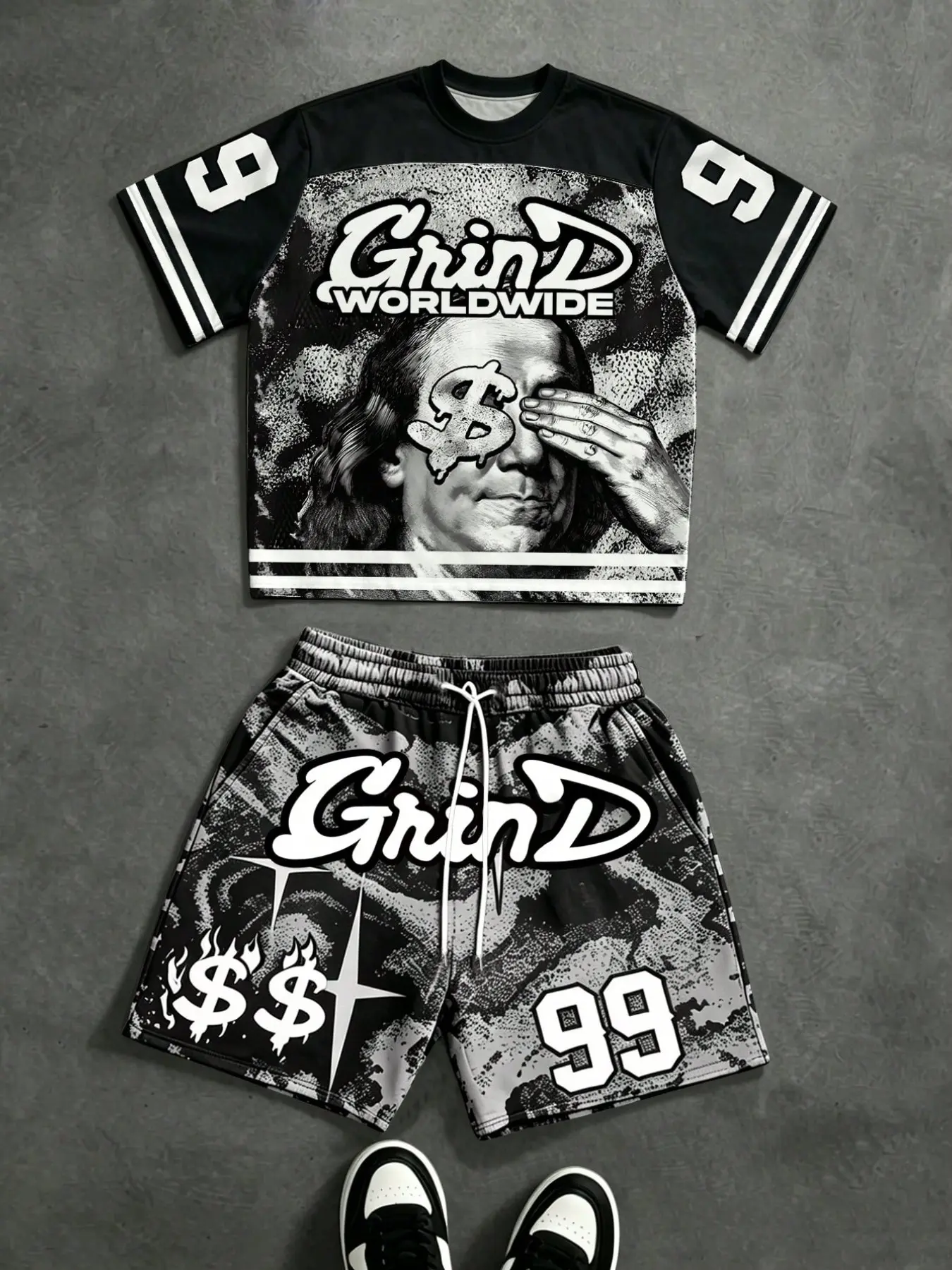 Summer Unisex Retro Portrait Set, Casual Streetwear Two-Piece, Breathable Comfort for Daily Wear, Fitness & Home Use