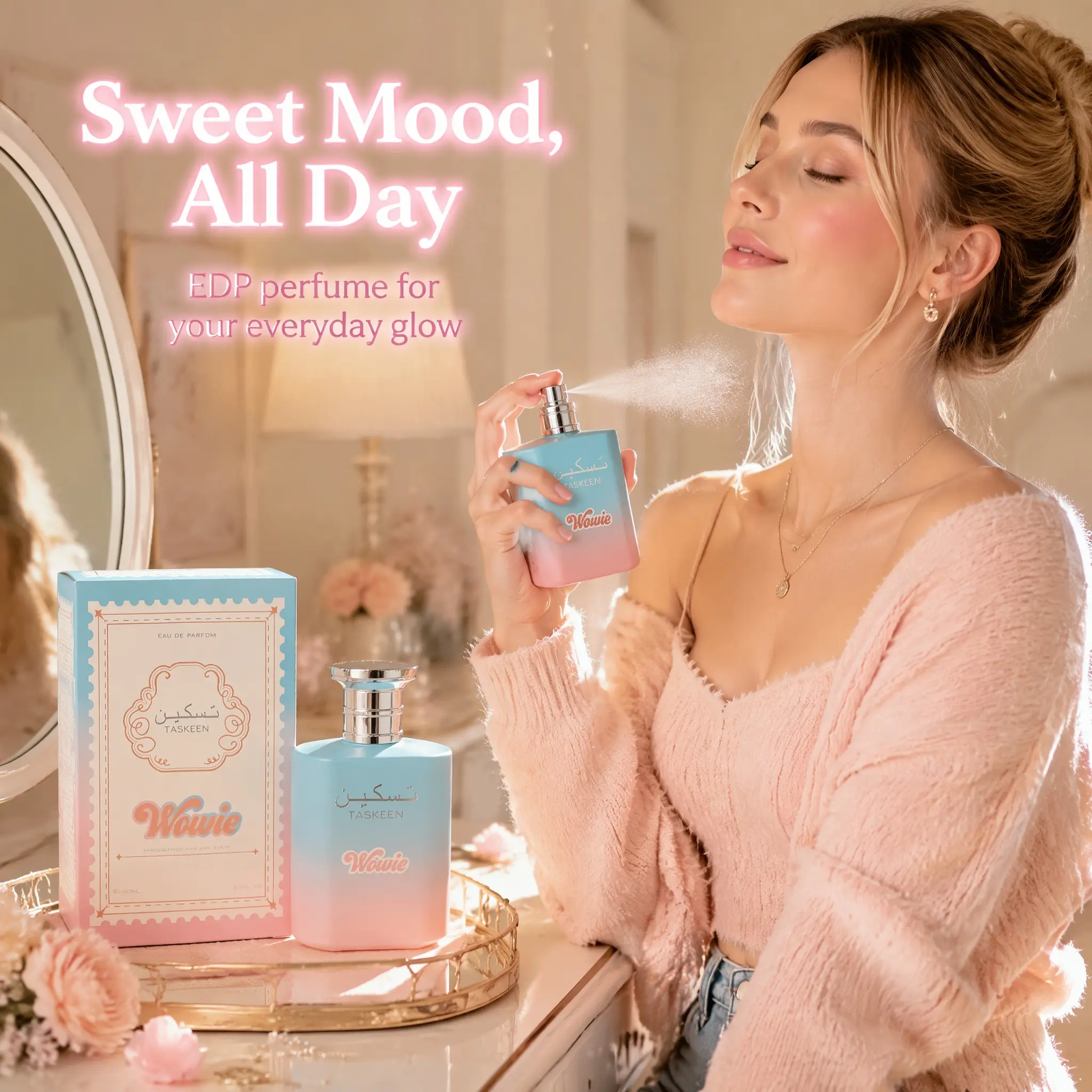 Taskeen Wowie Women's Perfume Spray, Creamy Scent, Floral-Fruity Fragrance, 3.4 ounces/3.38 ounces, long-lasting sweetness, suitable for various occasions, a gift choice for birthdays, Valentine's Day, and Christmas
