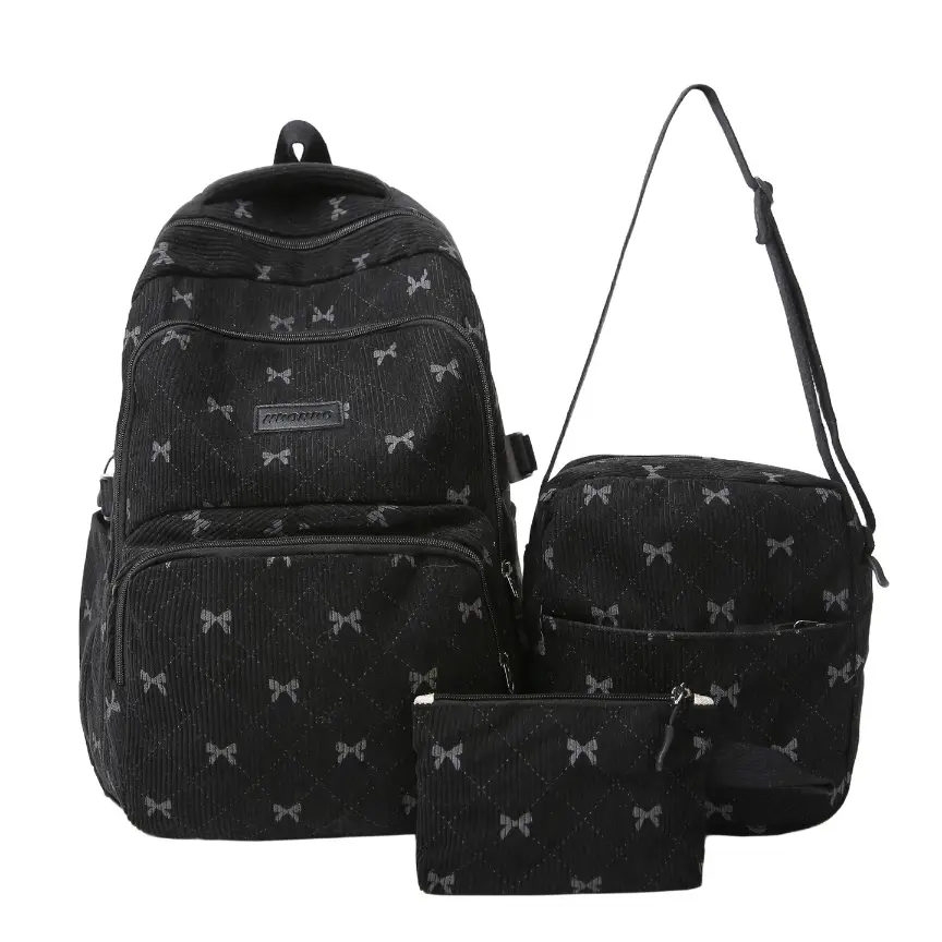 Cute Bow Backpack - Coquette Backpack Set 3Pcs Kawaii Back Pack Aesthetic Large Capacity Corduroy Daypack cute bow print backpack for teen girls, aesthetic student bookbag, multi-pocket travel backpack large capacity school bag