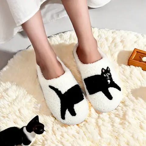 Women's Cute Cartoon Cat Pattern Slippers, Casual Soft Comfortable Home Slippers, Comfy House Shoes, Warm Slippers for Indoor & Outdoor Use for All Seasons, Fuzzy Warm Slippers, Footwear
