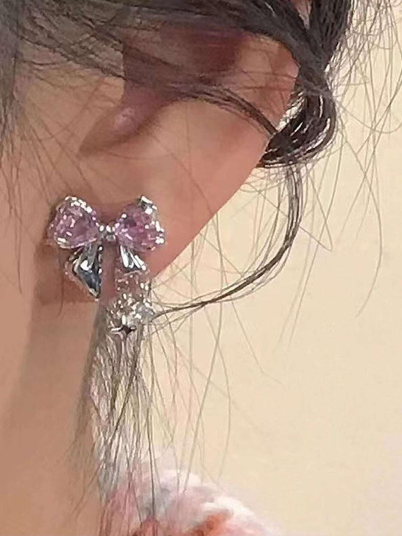 Rhinestone Bow Decor Dangle Earrings, Statement Earrings for Women, Gifts for Girlfriend, Fashionable Ear Piercing Jewelry for Girls, Casual Jewelry for Party, Daily Decor, Trendy All-match & Exquisite Jewelry for Birthday Gift