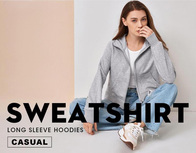 Imily Bela Womens Zip Up Sweatshirts Fleece Lined Collar Crop Hoodie Casual Cotton Long Sleeve Tops with Thumb Hole