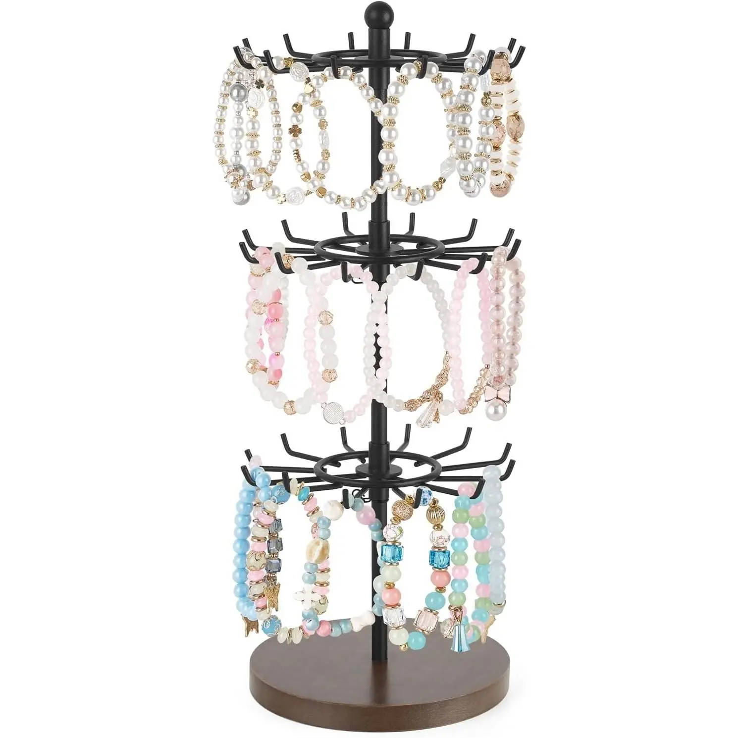 3-Tier Rotating Bracelet Display Holder Stand, Brown Jewelry Organizer with 36 Hooks Keychain Rack, Height Adjustable Metal Tree Tower, Tangle-Free Storage for Bangles & Bag Charms, Retail Display for VendorsGift