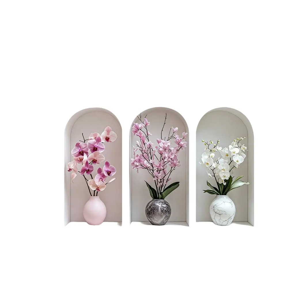 Three-Piece Tile Fresh Creamy Floral Greenery Arch Wall Sticker, Living Room Airbnb Hotel Background Decor, Flat Sticker Type, Flower Wall Stickers