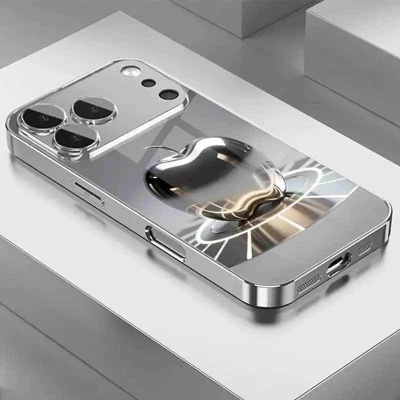 Protective Electroplated HD Glass iPhone Case, Metallic Gloss Gradient Finish, Silvery Fruit Logo - Multi-Model Accessories for iPhone 18 Pro Max/17 Series/16 Series/15 Series/14 Pro/13 Pro/12 Series/11 Pro & Multi-Model Users