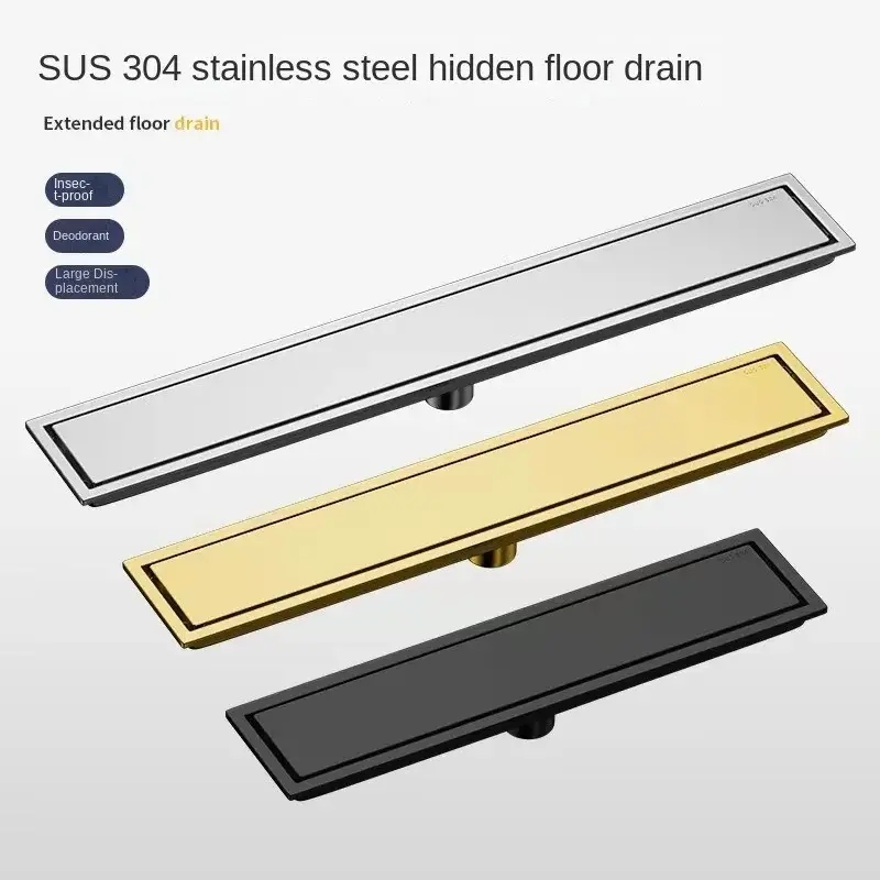 304 Stainless Steel Rectangular Hidden Floor Drain, Gold/Black/Silver Optional, 40/50cm Length, Anti-Odor Anti-Insect Hair Filter, for Bathroom/Shower, 1 Piece