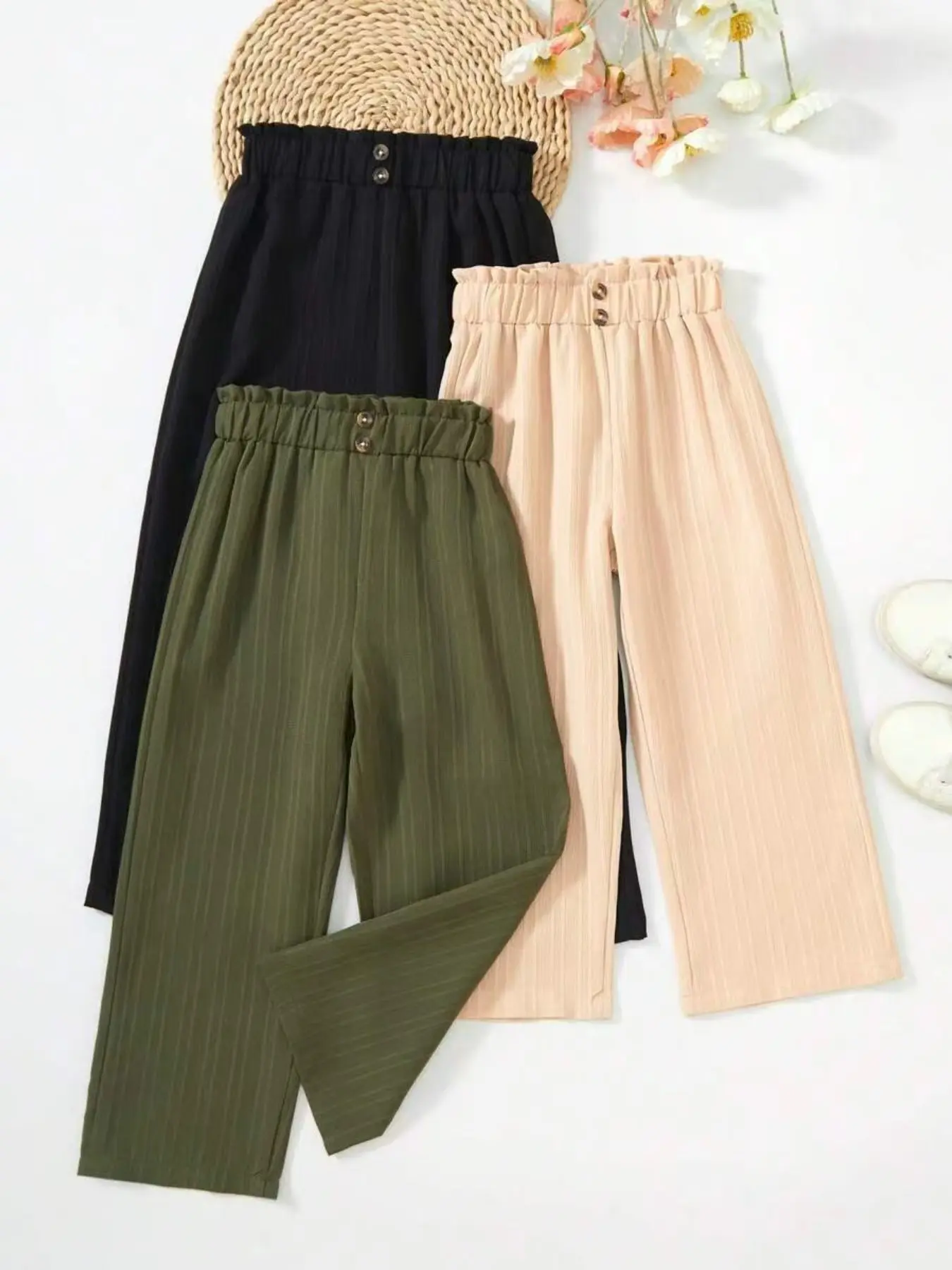 Girls' Fashion Long Pants Set of Three, Versatile High Waist Straight Leg, Elastic Waistband, Casual Loose Fit, All Seasons Comfortable Trousers