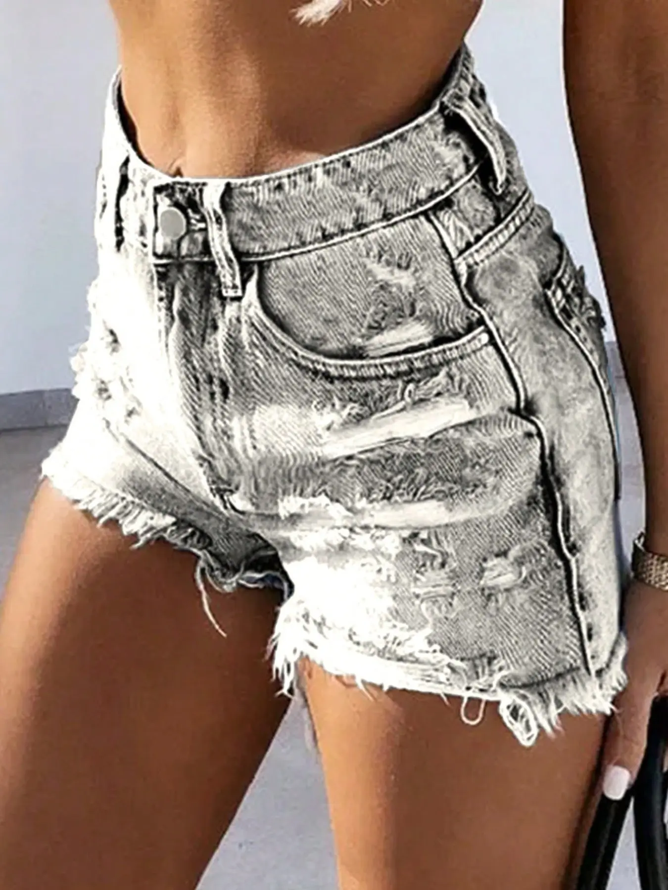 Women's High-Waisted Elastic Waist Vintage Washed Denim Shorts, Trendy Streetwear Aesthetic Design, Fitted Style, Medium Blue Color