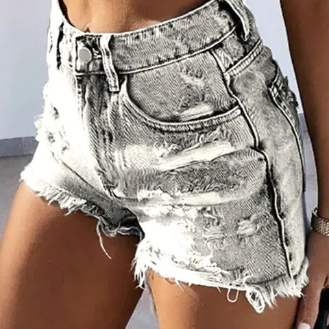Women's High-Waisted Elastic Waist Vintage Washed Denim Shorts, Trendy Streetwear Aesthetic Design, Fitted Style, Medium Blue Color