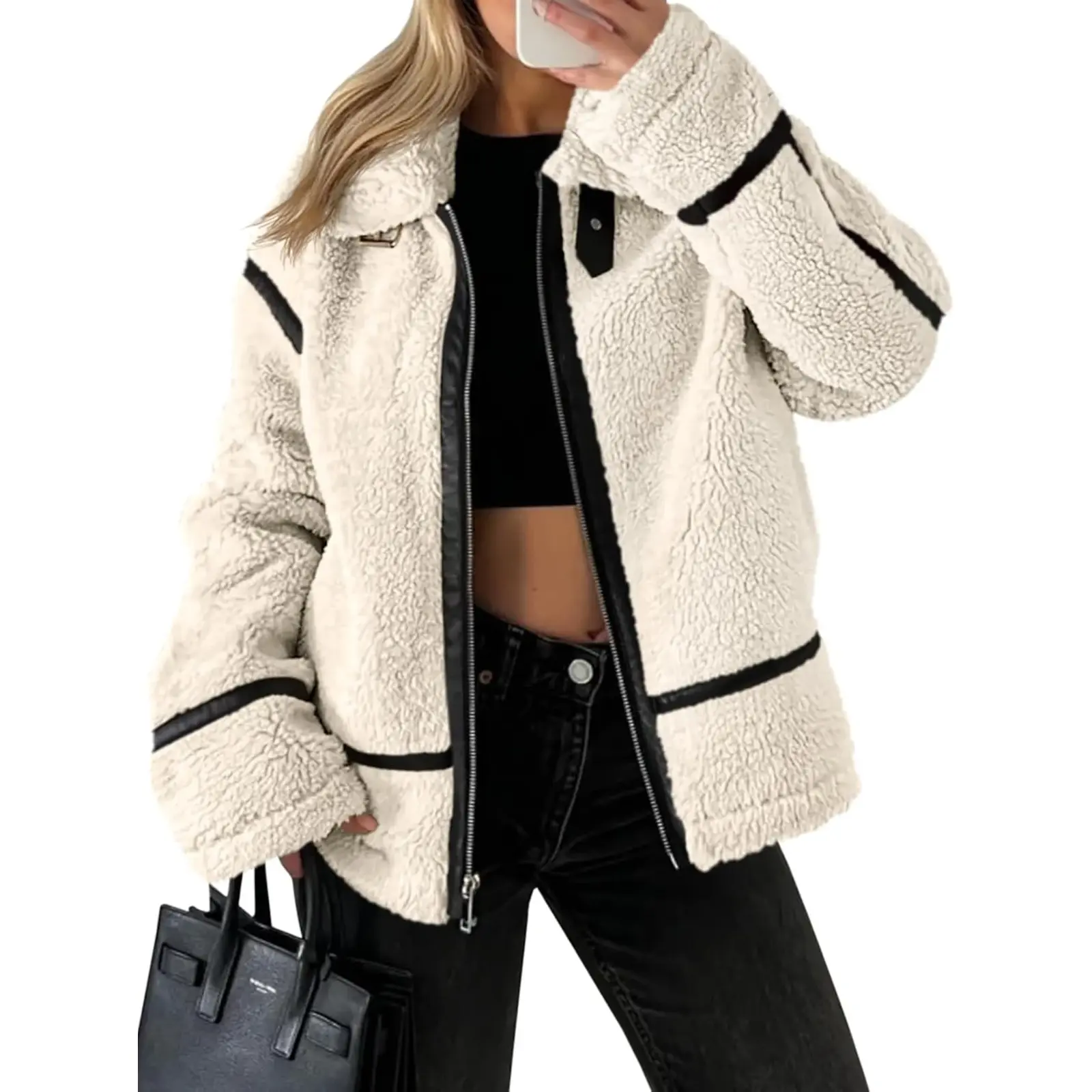 Tankaneo Womens Faux Fur Jackets Winter Trendy Sherpa Moto Zip Up Coat | Leather Patchwork