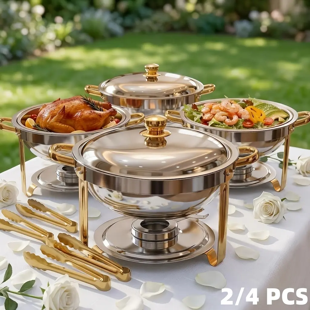 6QT Stainless Steel Round Chafing Dishes, 2/4 Pack Buffet Food Warmers with Food Clamps, Elegant Golden & Silver Colors, Worry-Free Assembly, Complete Cooking Set