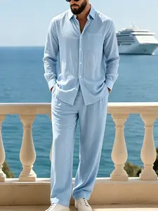 Men's Linen Henry Collar Shirt and Pants Set, Menswear Solid Color Loose-Fit Long Sleeve Casual Beach, Breathable All-Season Suit
