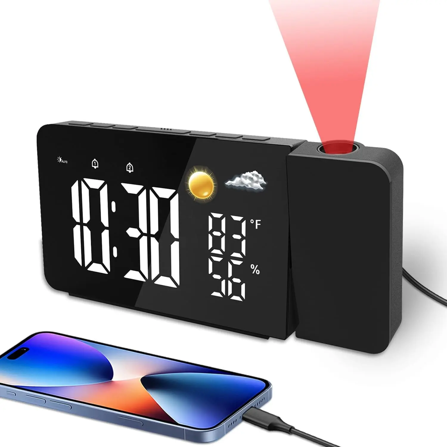Projection Alarm Clock for Bedroom Ceiling, Digital Projection Clock | 180° Rotatable Projector, USB Port, Temperature, Humidity, Battery Backup, Super Loud for Heavy Sleepers, Kid, eldly