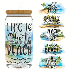 5pcs Beach Theme-16-Ounce-Uv-Dtf-Cup Wrap Stickers--- Durable--Glass Beverage Decals, Aesthetic Stickers, Tropical Design with Palm Trees, Hammocks, And Sunshine Vibes (UV Wraps Solely, Mug Not Included), Beach Additions