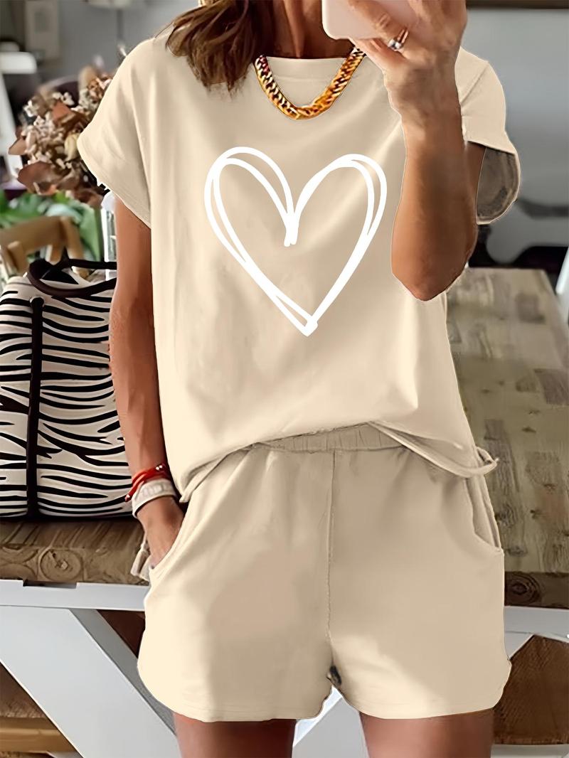 Two-Piece Set Women's Heart Print Tee & Shorts, Casual Shortsleeve Fitted T-shirt & Shorts for Daily Wear, Ladies Two-piece Matching Lounge Sets for Spring & Fall, Clothes