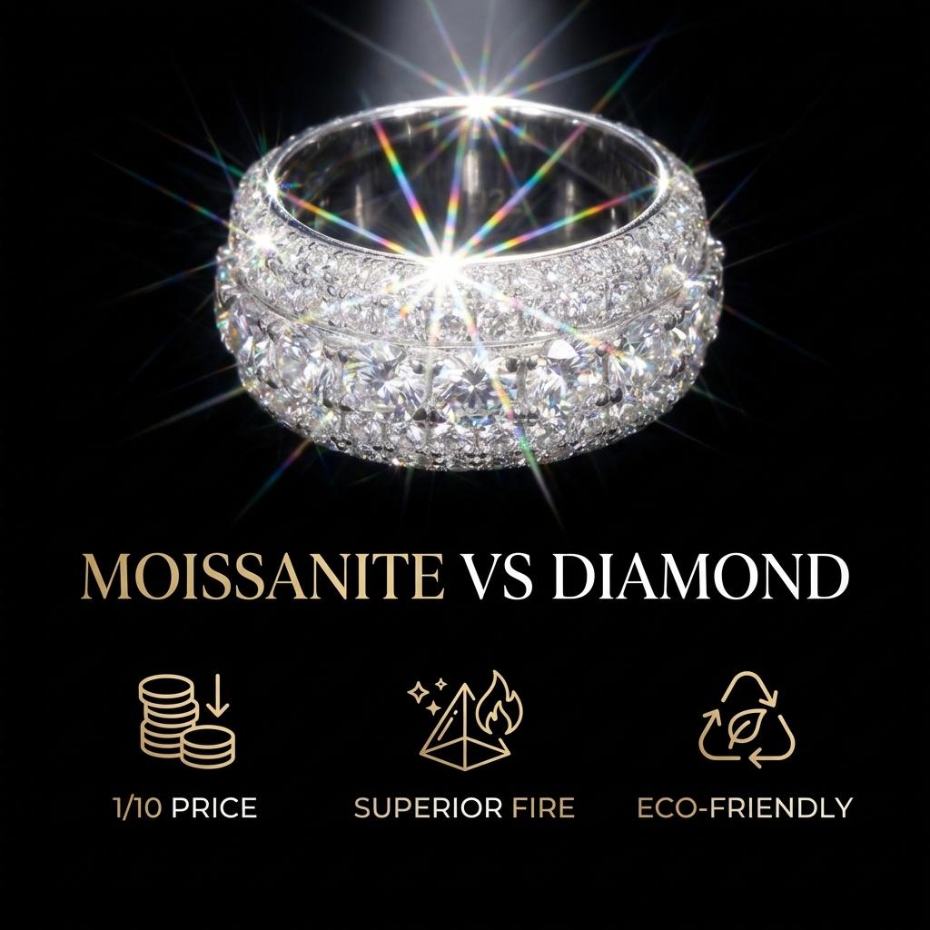 Moissanite Ring for Women - Triple Row Pave Setting D Color VVS1 Clarity 9.25 Hardness Lab Grown Diamond Alternative Engagement Wedding Band
