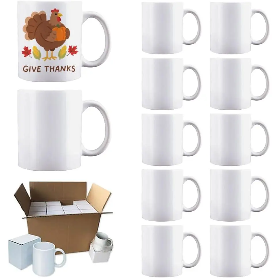 12 Pack 11oz Ceramic Sublimation Mugs Blanks in Bulk (White) | Tazas Para Sublimar With White  Boxes,Ceramic Blank Coffee Mugs with Polymer Coating for Heat Transfer