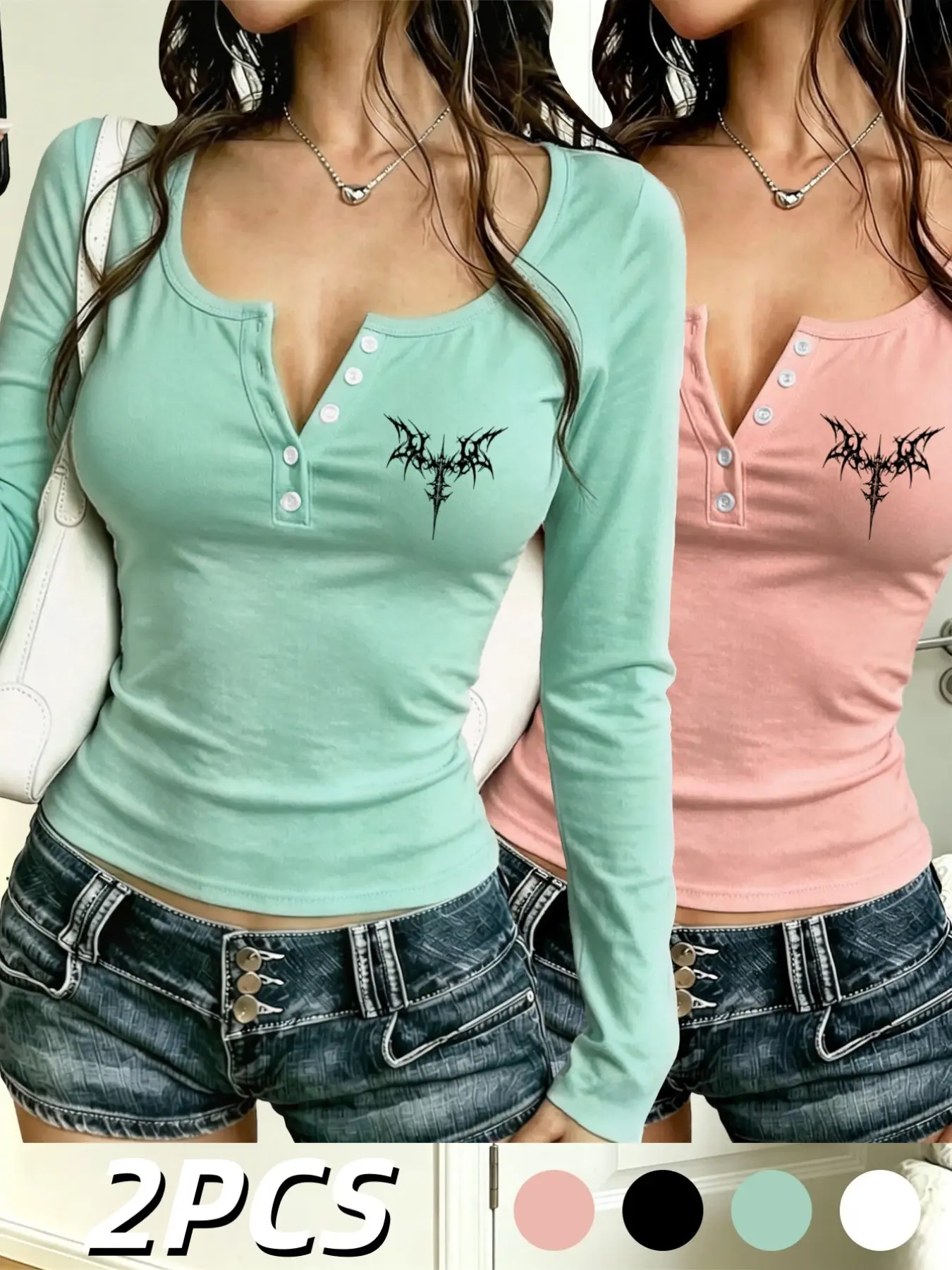 Women's Henry Collar Long Sleeve Fitted Top, Sexy Graphic Print, Spring & Fall, Slim Fit, Casual Street Style, Two-Piece Set