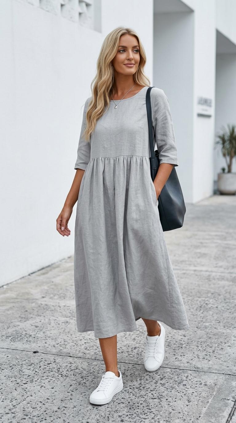 2026 Spring/Summer Round Neck 3/4 Sleeve Plus Size Casual Loose Long Solid Color Cotton Linen Dress